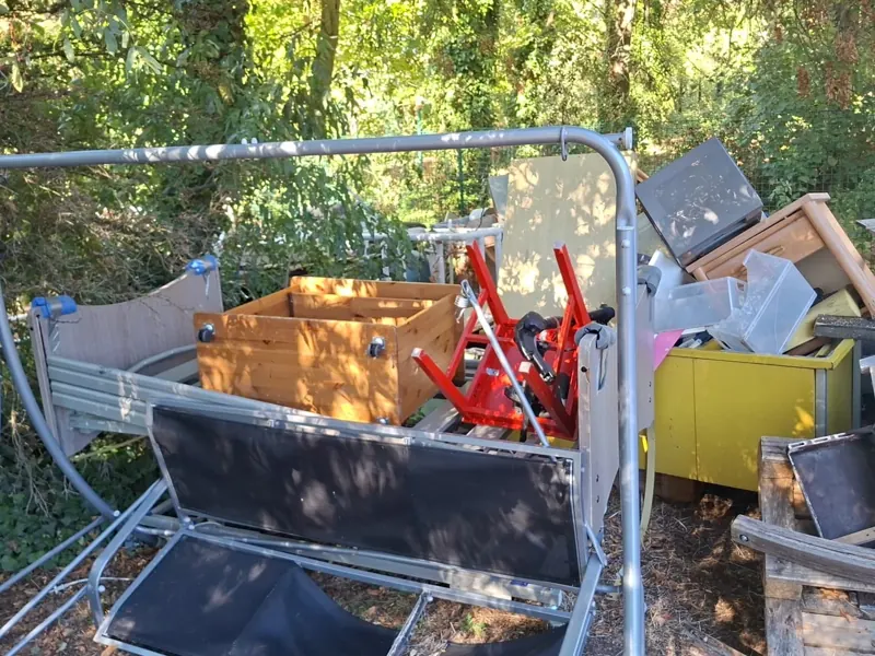 Amas de meubles, palettes, chaises et caissons entassés au pied des arbres avant le débarras