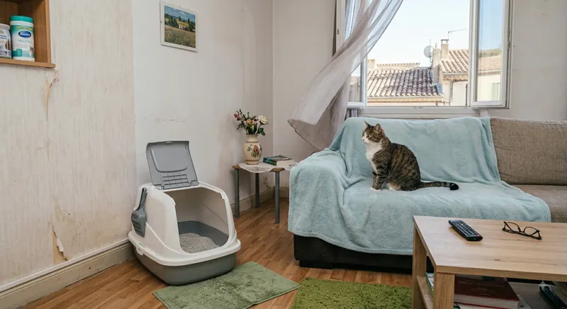 Illustration d'un salon avec un chat sur un canapé et une litière, papier peint et bas de murs dégradés